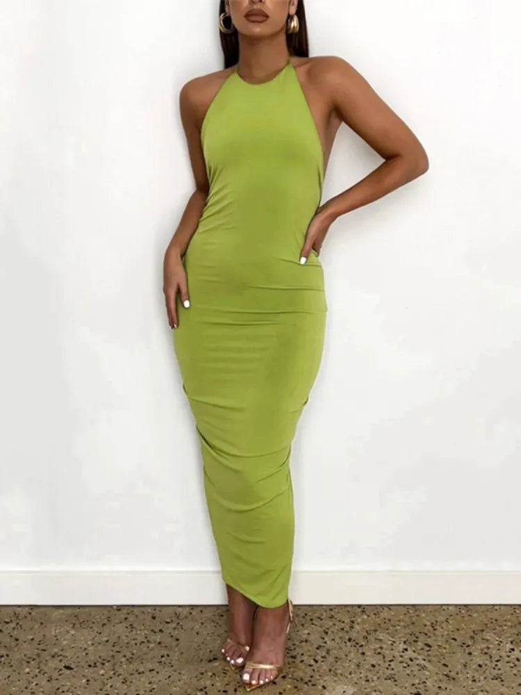 Slim Fit Open Back Pleated Strap Summer Maxi Dress