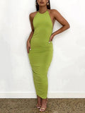 Slim Fit Open Back Pleated Strap Summer Maxi Dress