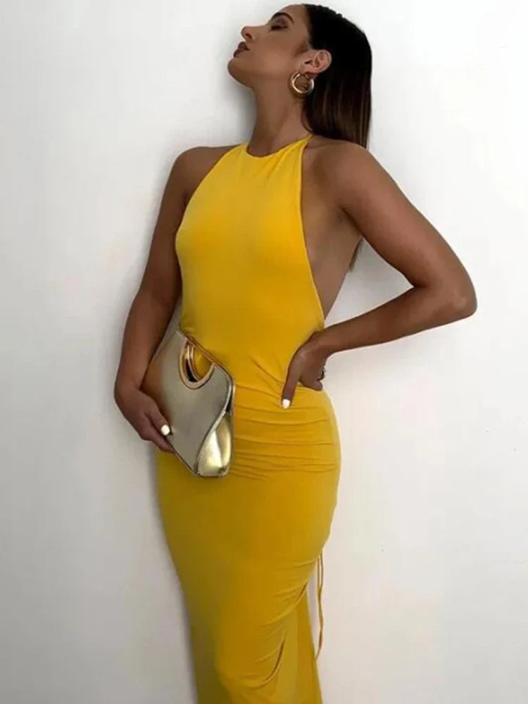Slim Fit Open Back Pleated Strap Summer Maxi Dress