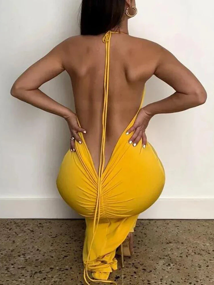 Slim Fit Open Back Pleated Strap Summer Maxi Dress