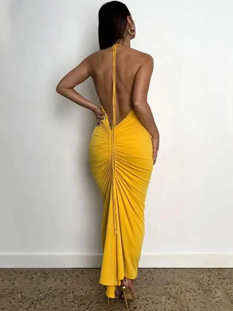 Slim Fit Open Back Pleated Strap Summer Maxi Dress