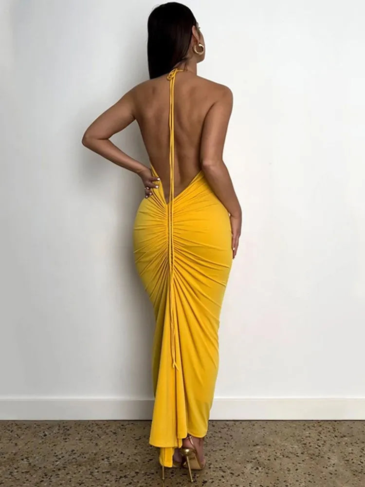 Slim Fit Open Back Pleated Strap Summer Maxi Dress