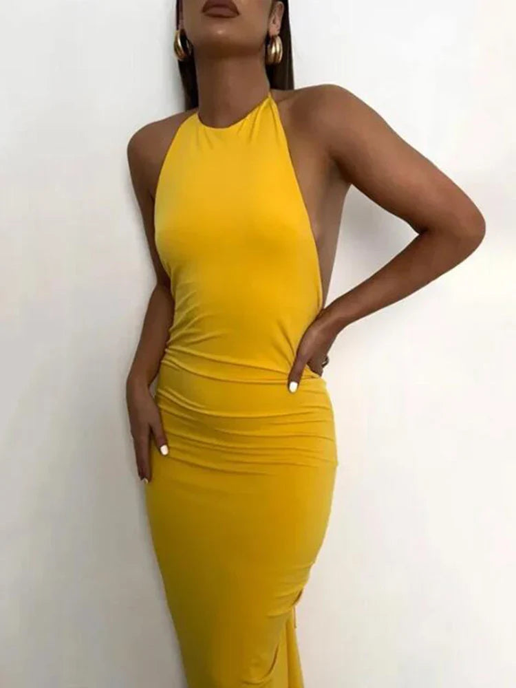 Slim Fit Open Back Pleated Strap Summer Maxi Dress