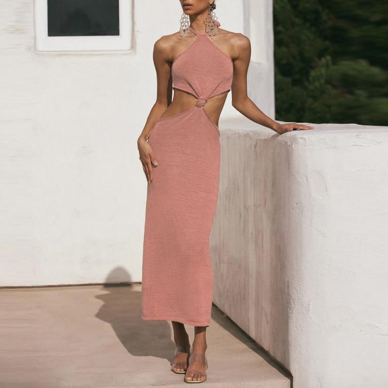 Knitted Halter Vacation Style Maxi Dress