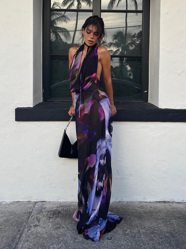 Backless Print Halter Bodycon Party Maxi Dress