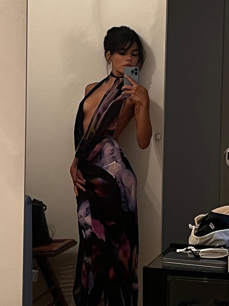 Backless Print Halter Bodycon Party Maxi Dress
