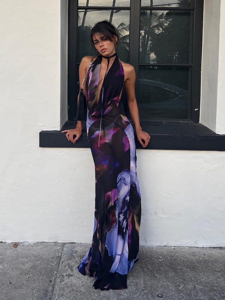 Backless Print Halter Bodycon Party Maxi Dress