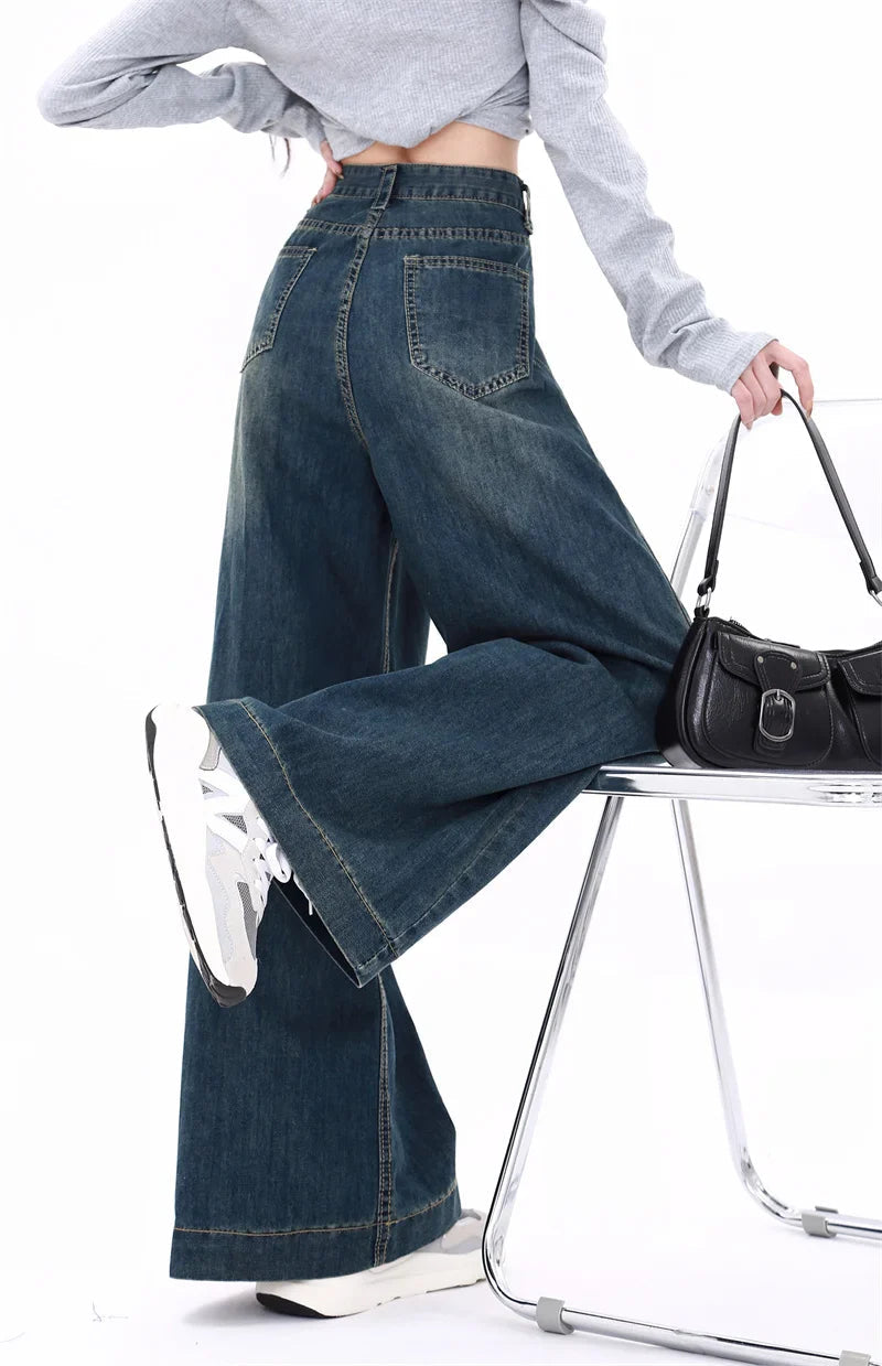 Button Waist Baggy Wide Leg Street Jean
