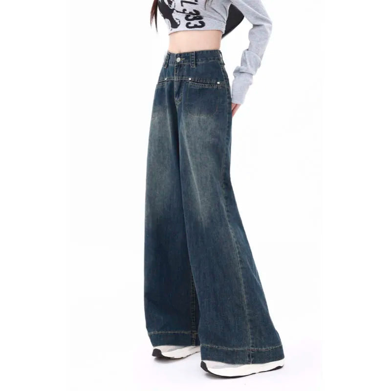 Button Waist Baggy Wide Leg Street Jean