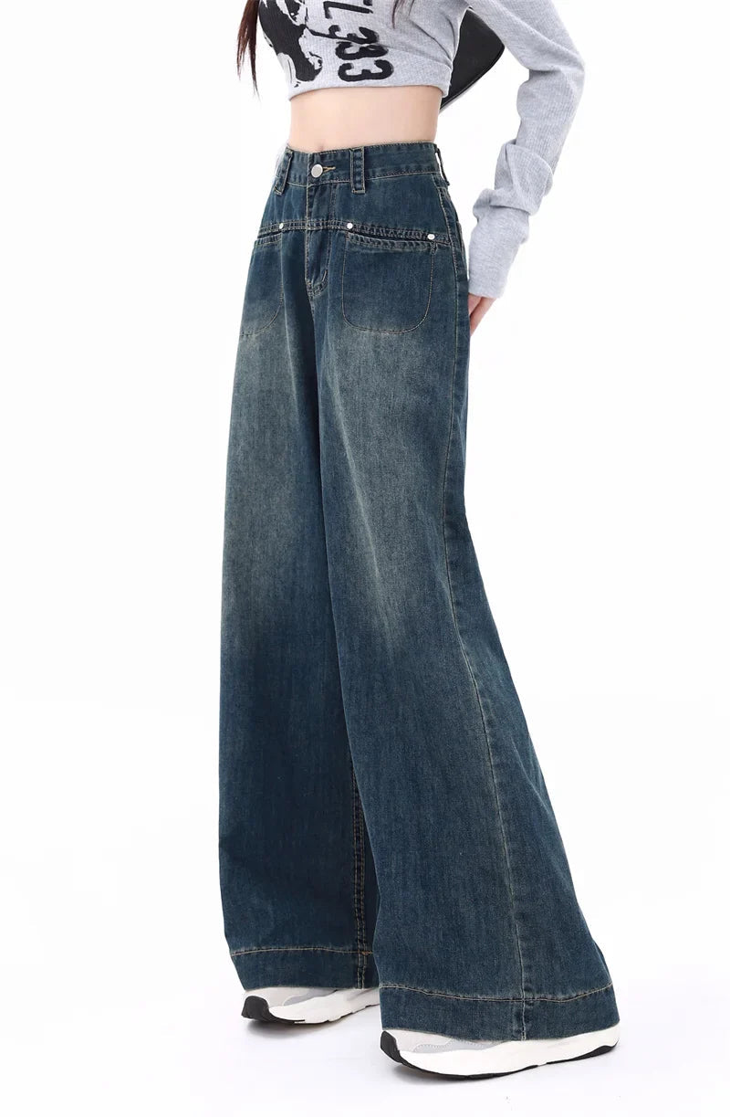 Button Waist Baggy Wide Leg Street Jean