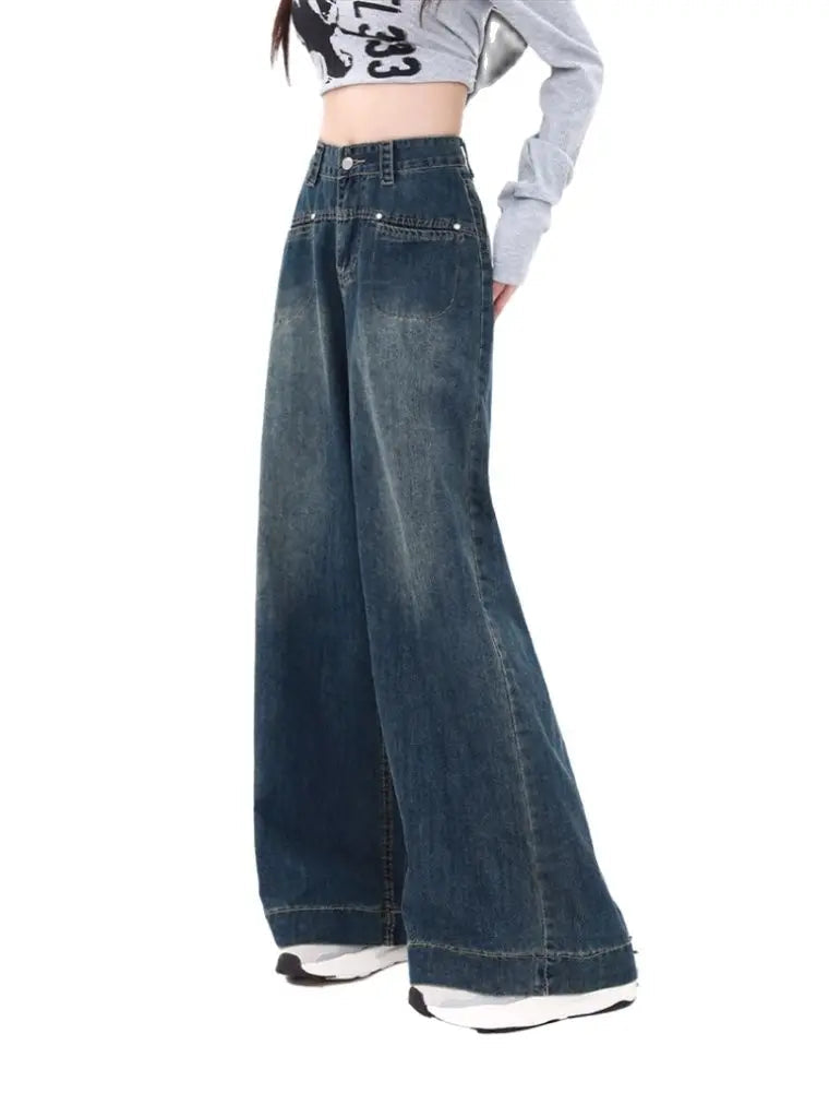 Button Waist Baggy Wide Leg Street Jean