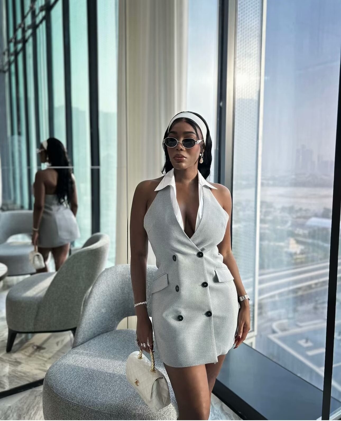 Plaid Halter Sleeveless Button Chic Mini Dress