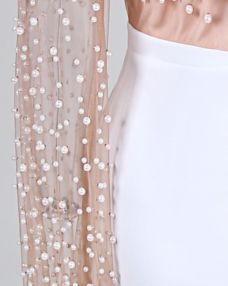Beaded Embellished Mesh Patchwork Slit Maxi Dress