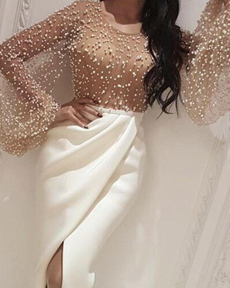 Beaded Embellished Mesh Patchwork Slit Maxi Dress