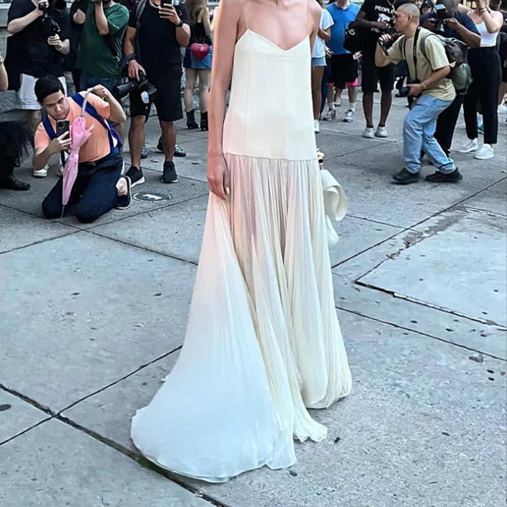 Beige Mesh Patchwork Spaghetti Strap Maxi Dress