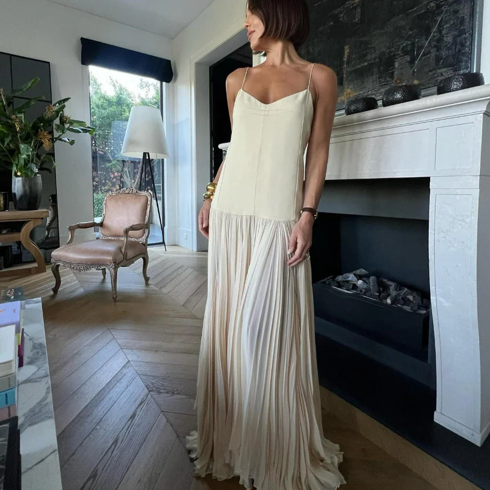 Beige Mesh Patchwork Spaghetti Strap Maxi Dress