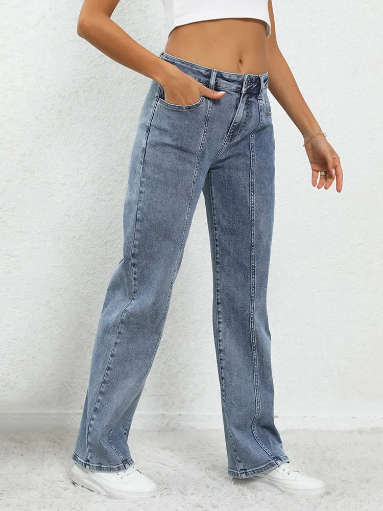 Classic Blue Wide Leg Mid Waist Casual Jean