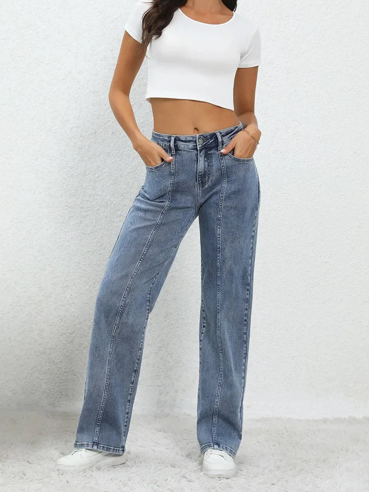 Classic Blue Wide Leg Mid Waist Casual Jean