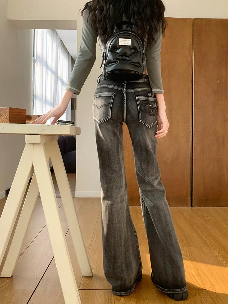 Retro Flare Y2K Street Washed Black Denim Jean