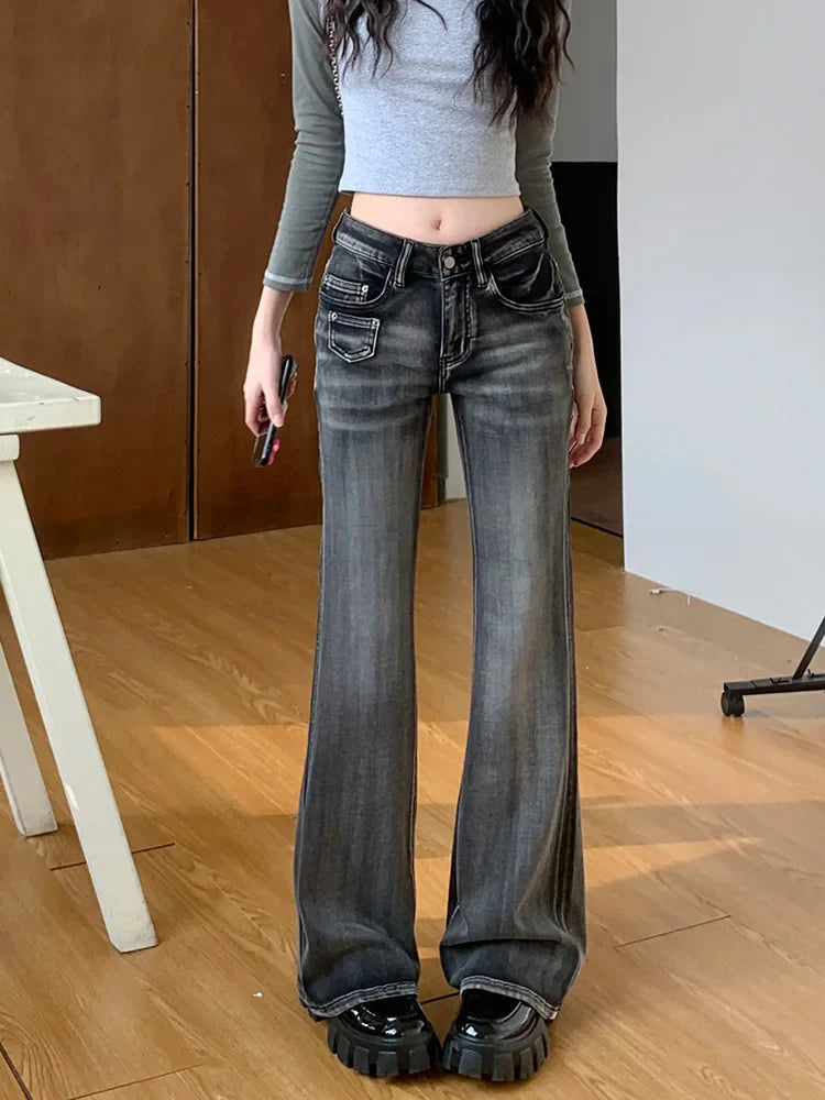 Retro Flare Y2K Street Washed Black Denim Jean