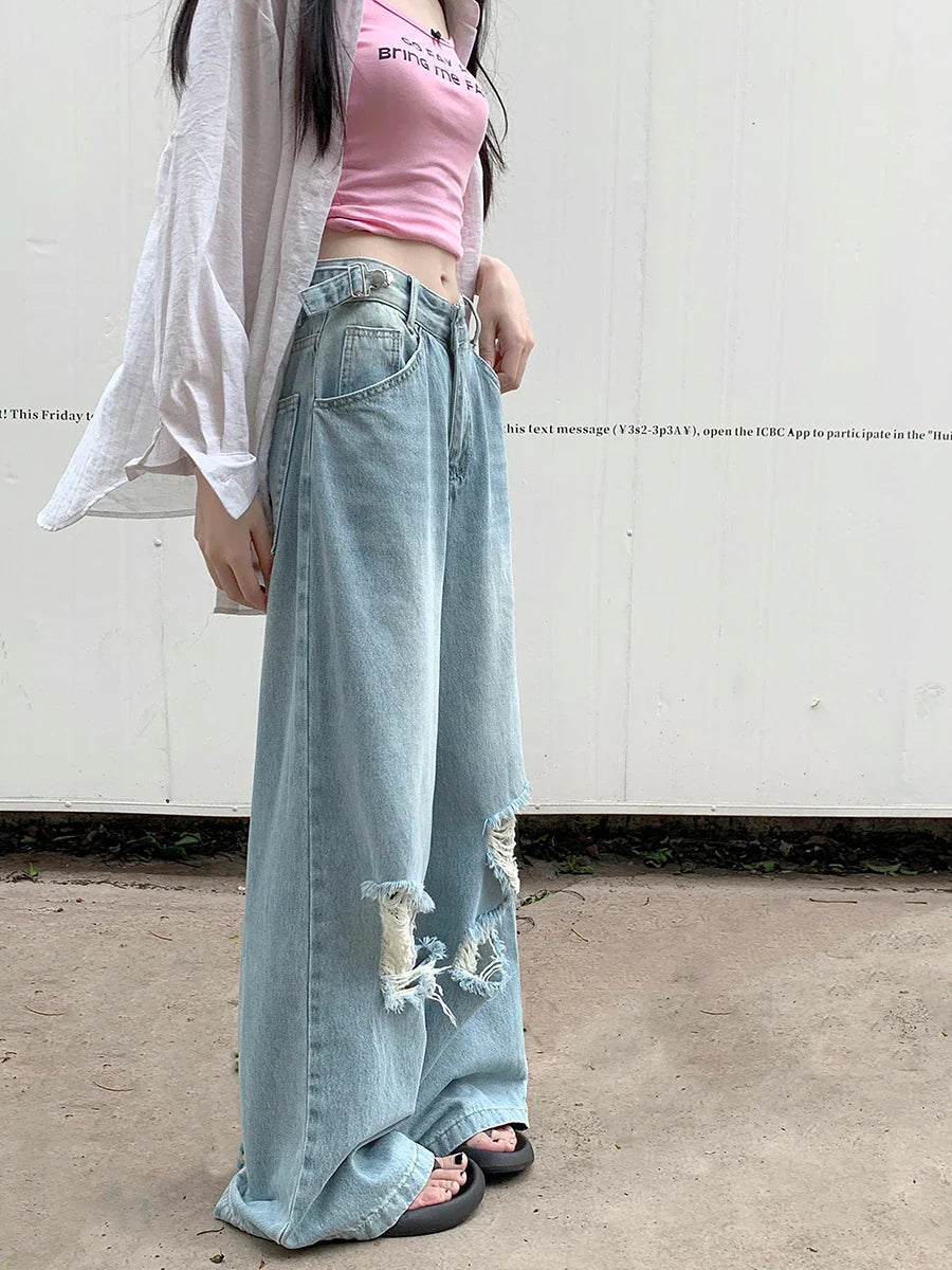 Retro Wide Leg Ripped Adjustable Washed Jean