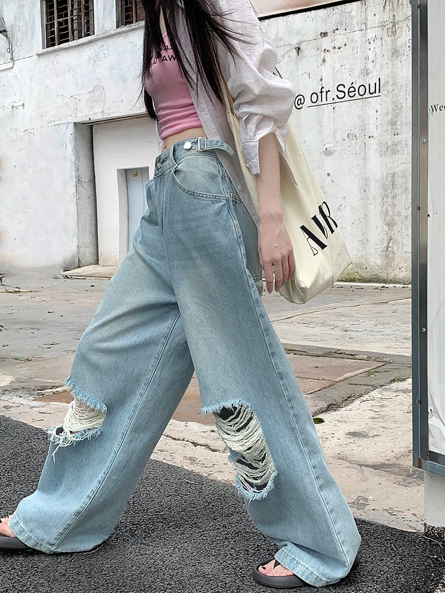 Retro Wide Leg Ripped Adjustable Washed Jean