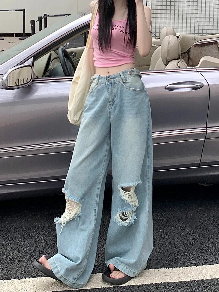 Retro Wide Leg Ripped Adjustable Washed Jean