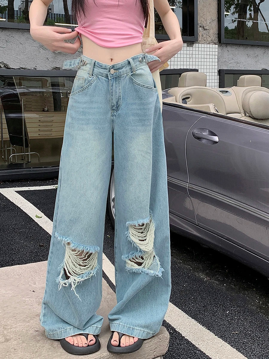 Retro Wide Leg Ripped Adjustable Washed Jean