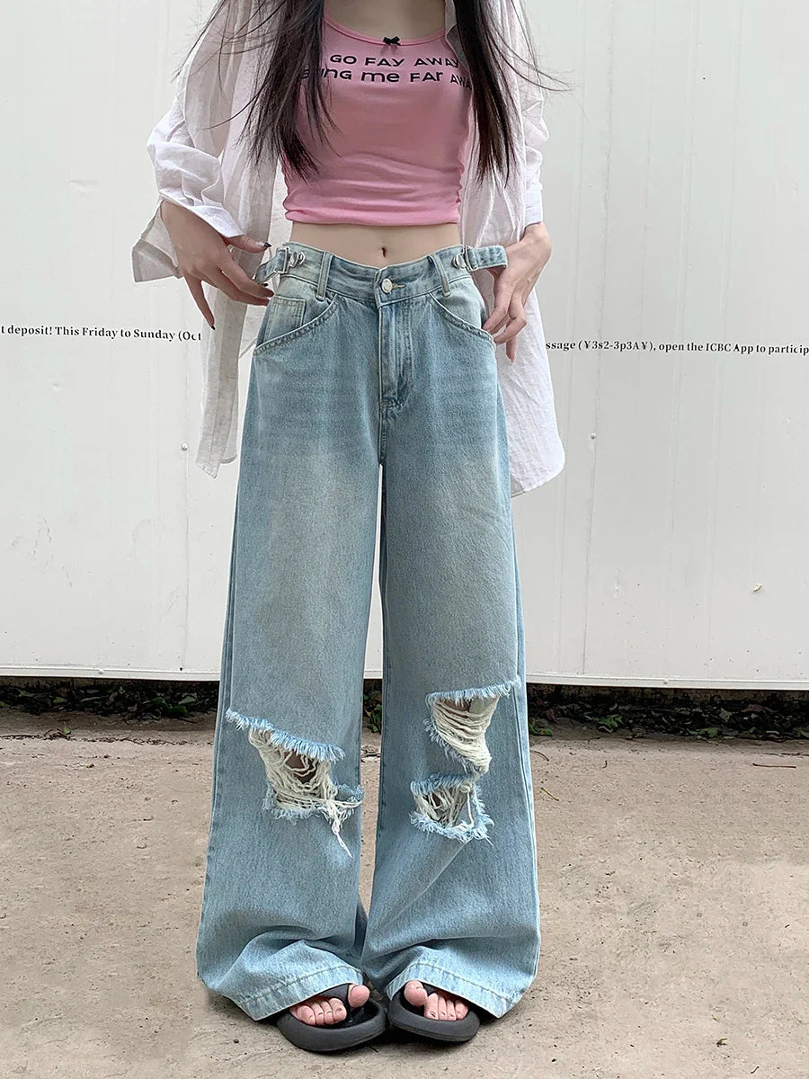 Retro Wide Leg Ripped Adjustable Washed Jean