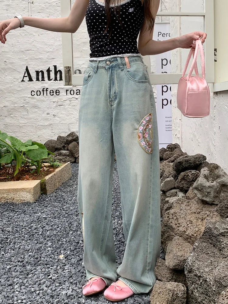 Embroidered High Waist Loose Vintage Straight Jean