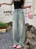 Embroidered High Waist Loose Vintage Straight Jean