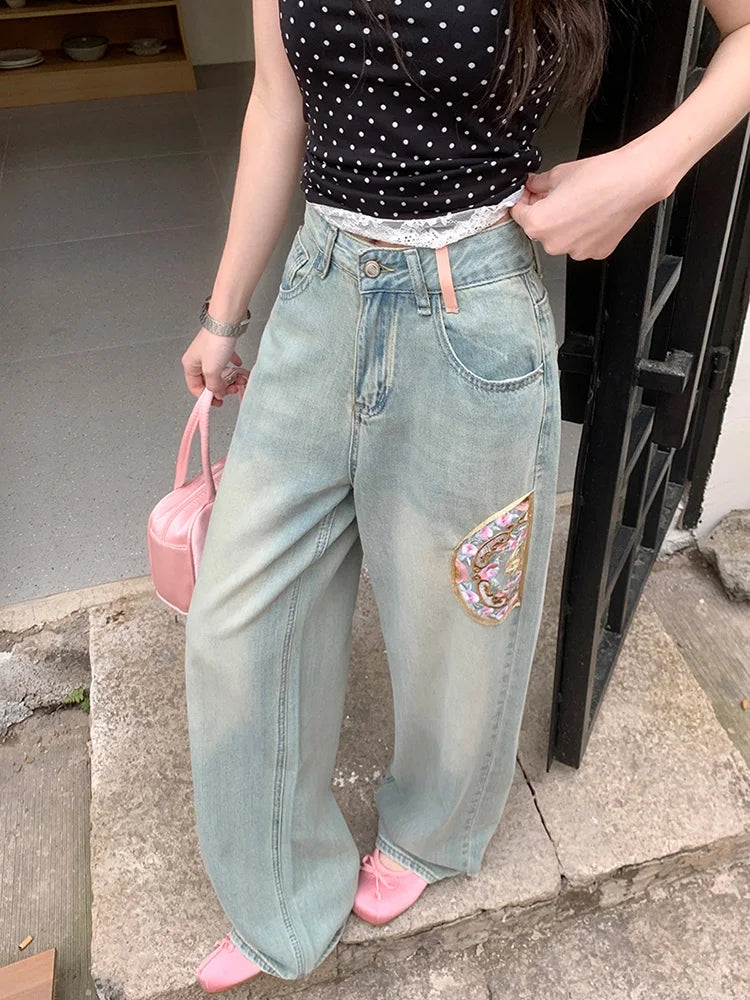 Embroidered High Waist Loose Vintage Straight Jean