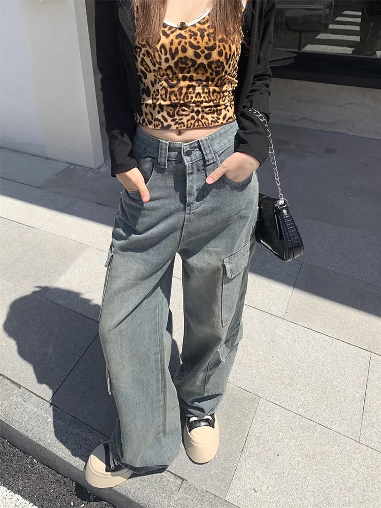 Washed Cargo Retro Wide Leg High Waist Jean