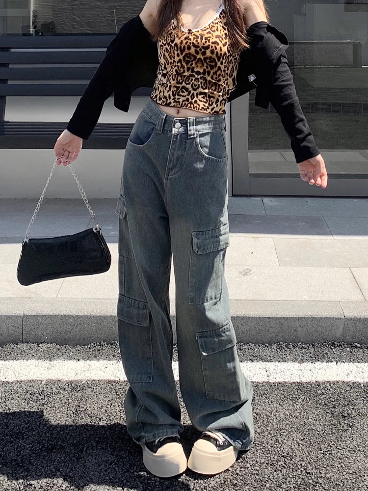 Washed Cargo Retro Wide Leg High Waist Jean