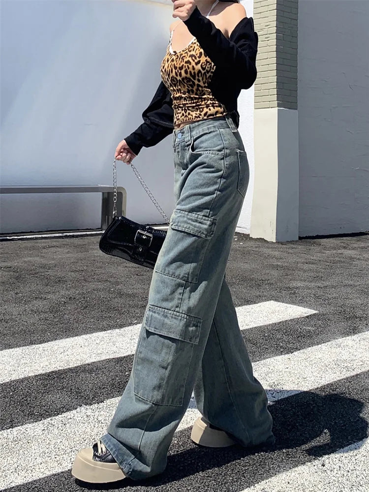 Washed Cargo Retro Wide Leg High Waist Jean