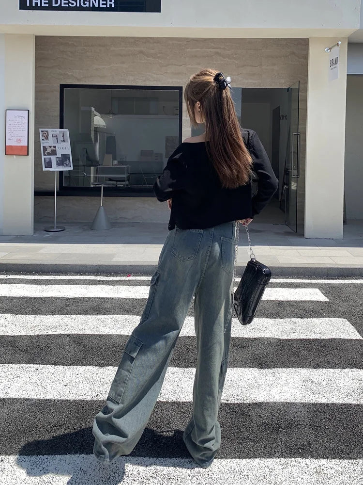 Washed Cargo Retro Wide Leg High Waist Jean