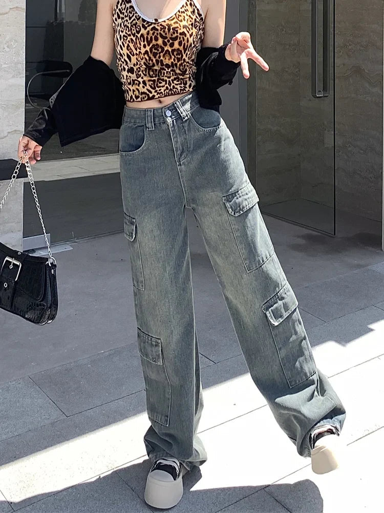 Washed Cargo Retro Wide Leg High Waist Jean