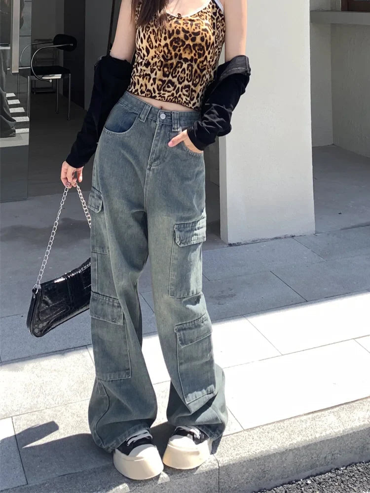 Washed Cargo Retro Wide Leg High Waist Jean
