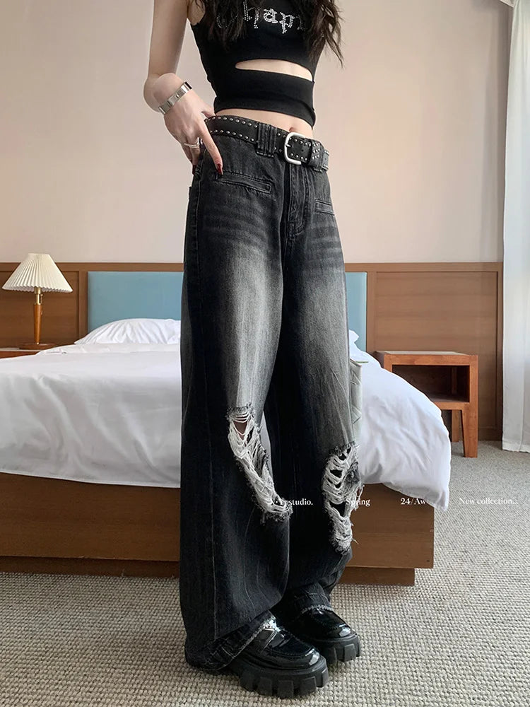 Punk Washed Ripped Hip Hop Vintage Straight Jean