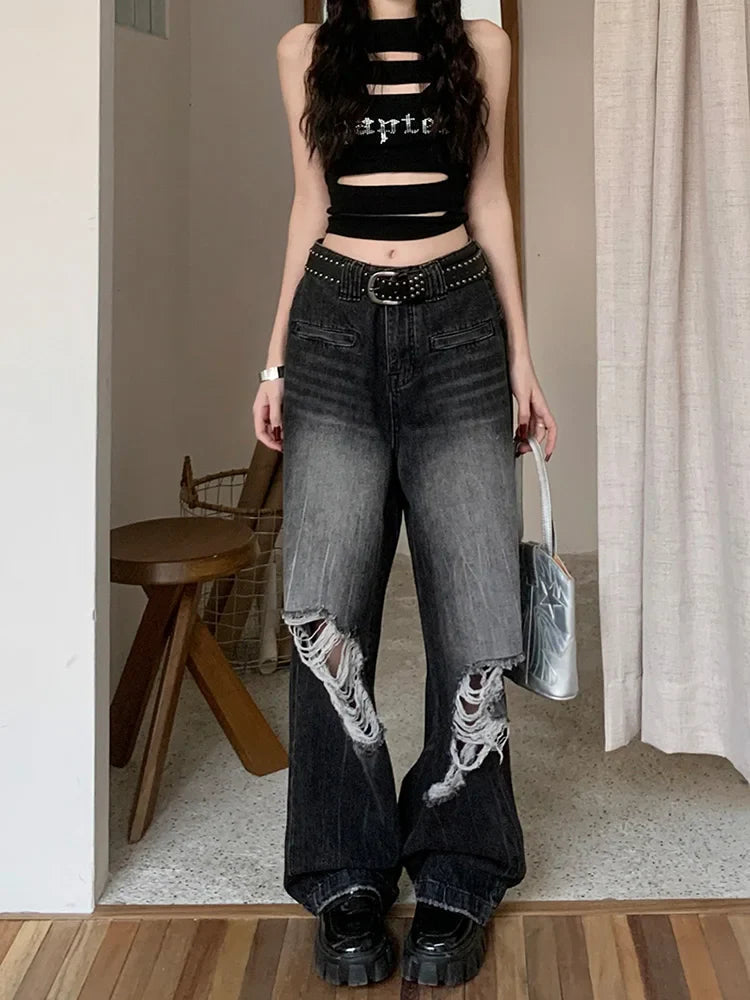 Punk Washed Ripped Hip Hop Vintage Straight Jean