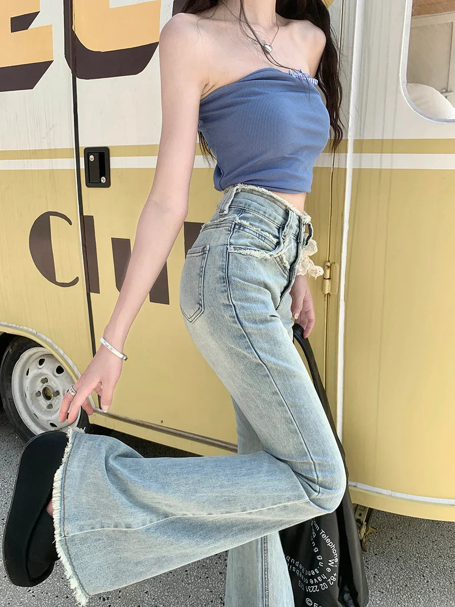 Vintage Blue Fringe Flare Street Denim Jean