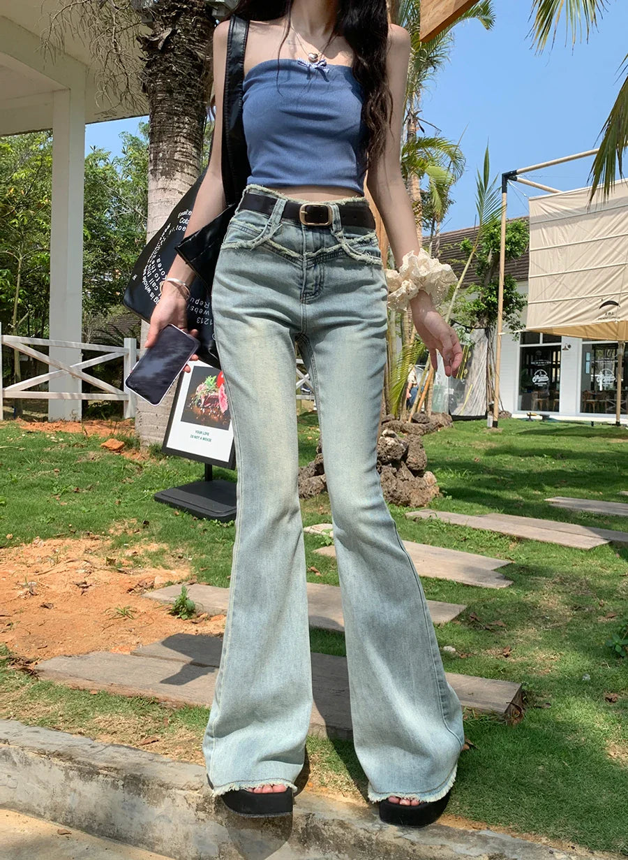 Vintage Blue Fringe Flare Street Denim Jean