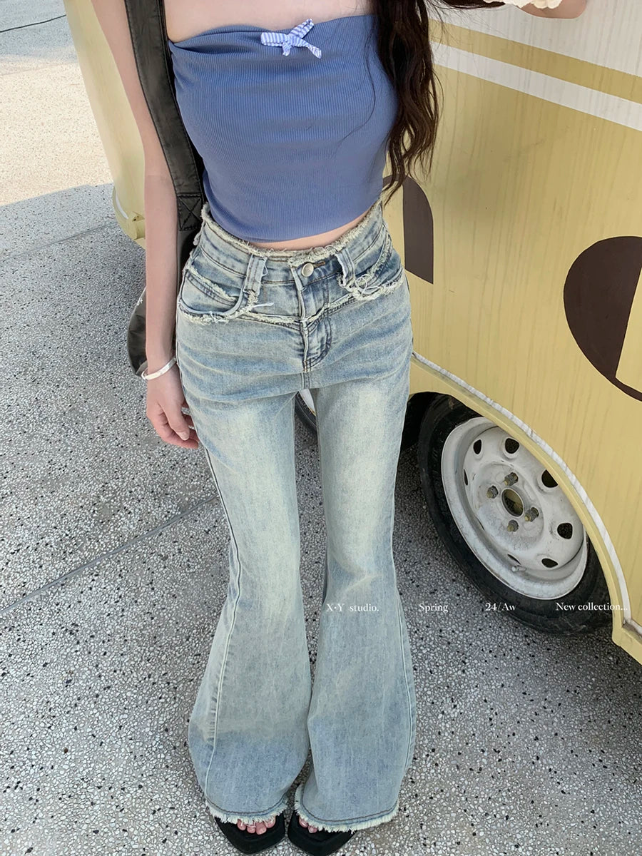 Vintage Blue Fringe Flare Street Denim Jean