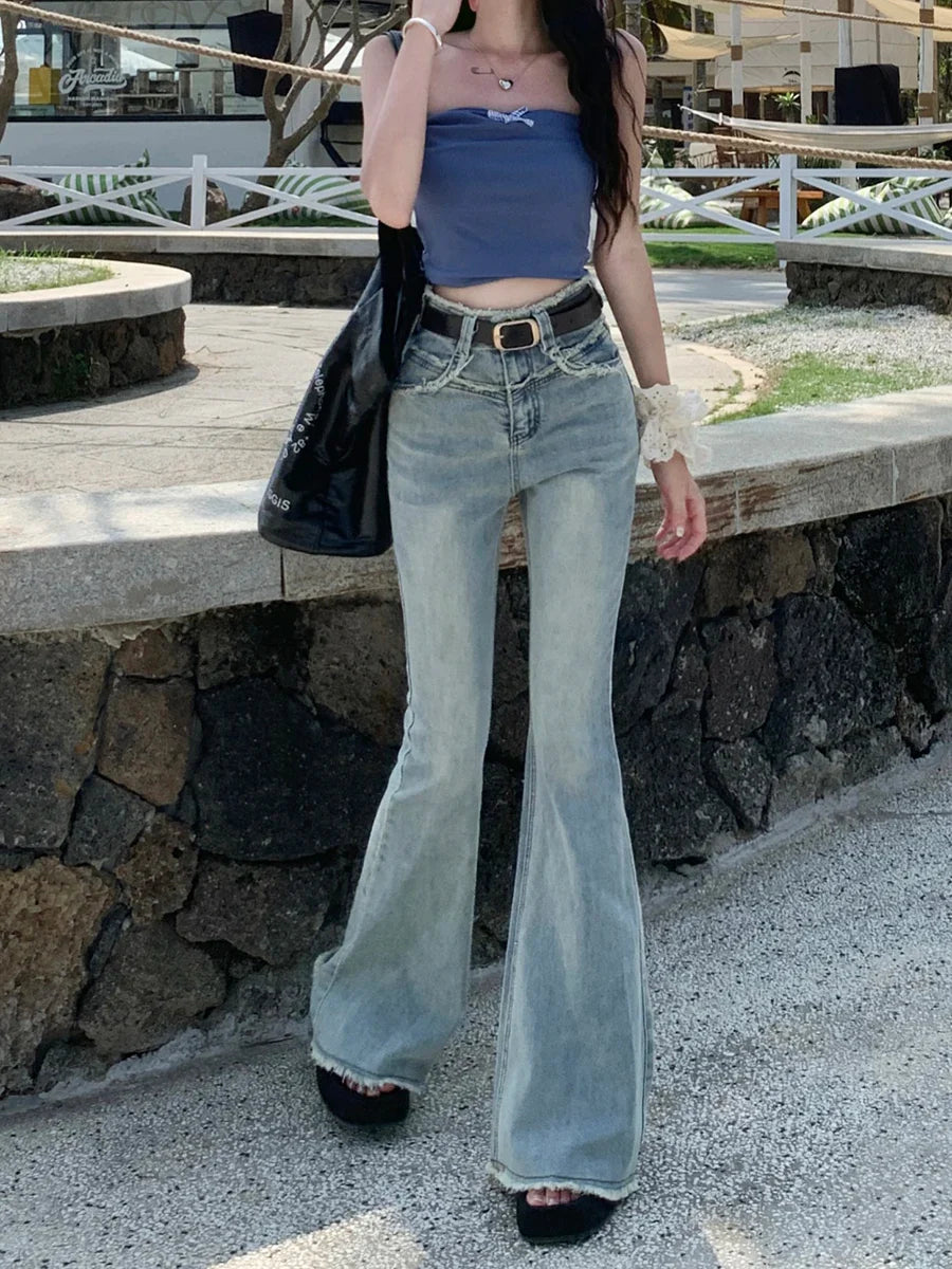 Vintage Blue Fringe Flare Street Denim Jean