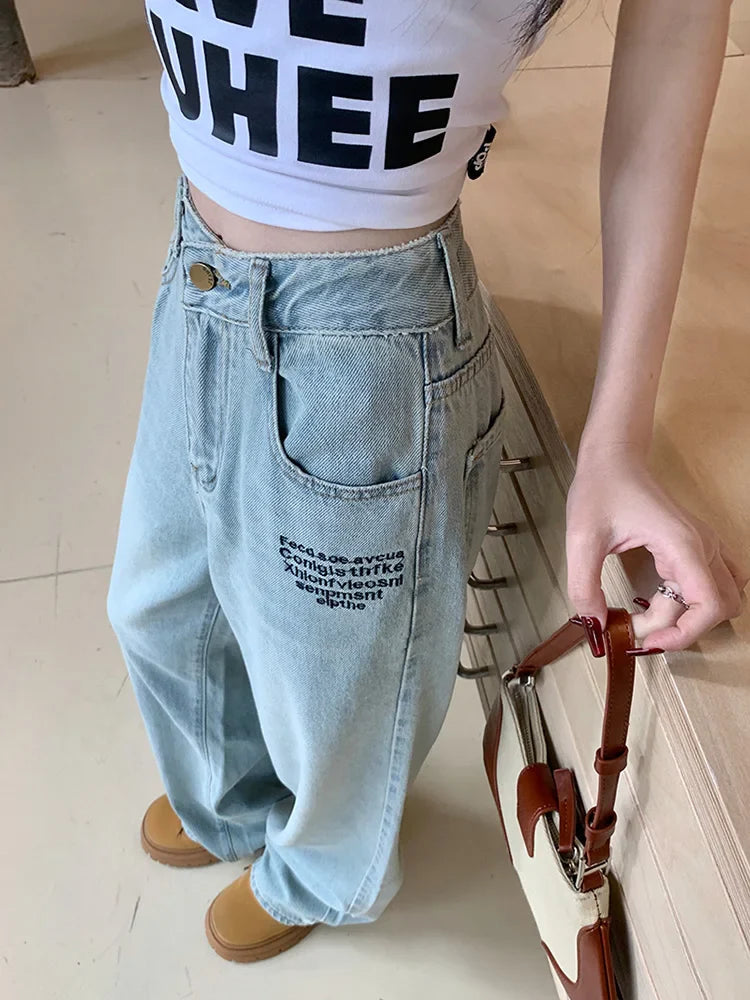 Embroidered Vintage Straight High Waist Long Jean