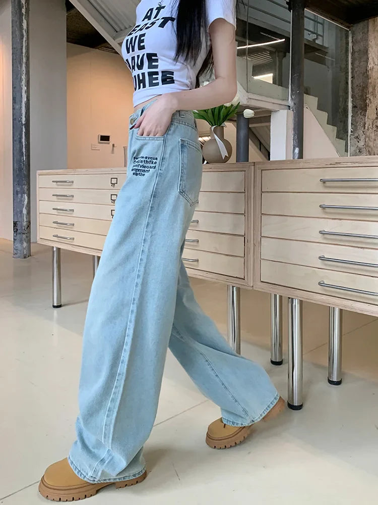 Embroidered Vintage Straight High Waist Long Jean