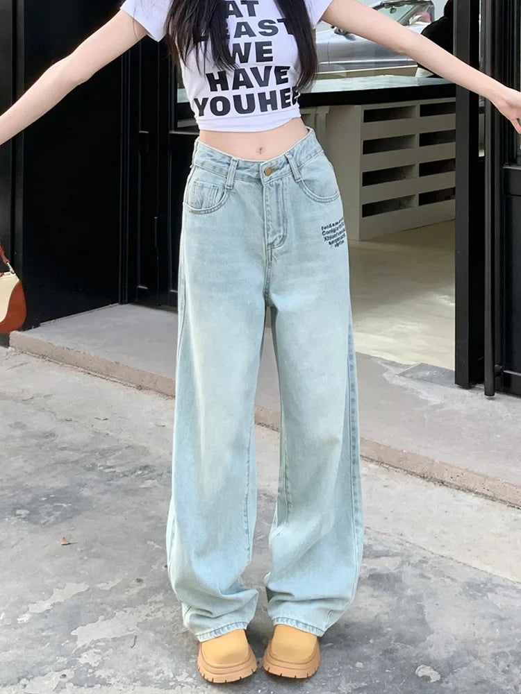 Embroidered Vintage Straight High Waist Long Jean