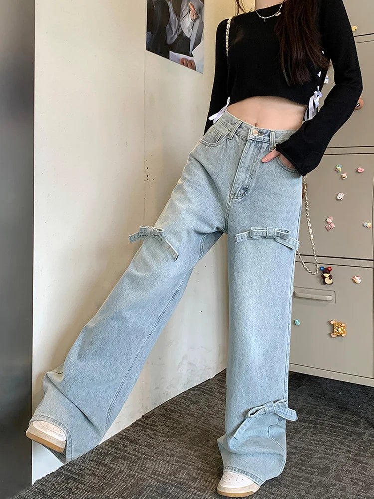 Washed Bow Baggy Wide Leg Y2K Street Jean