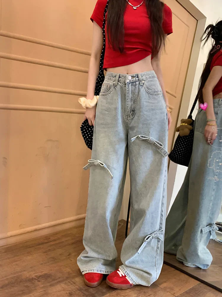 Washed Bow Baggy Wide Leg Y2K Street Jean