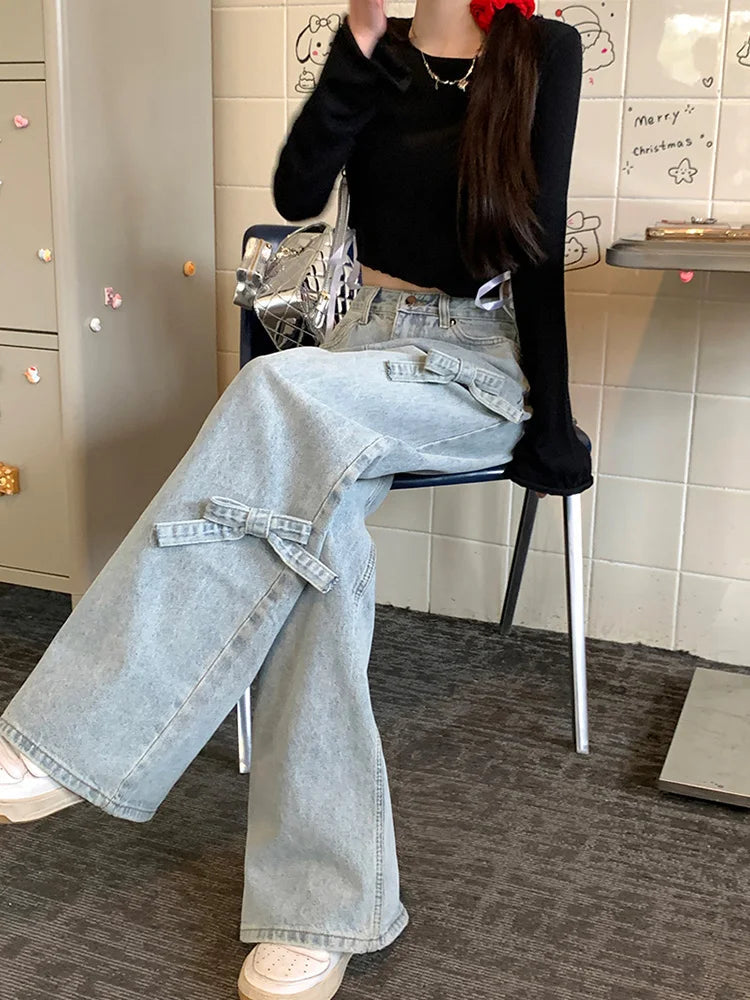 Washed Bow Baggy Wide Leg Y2K Street Jean